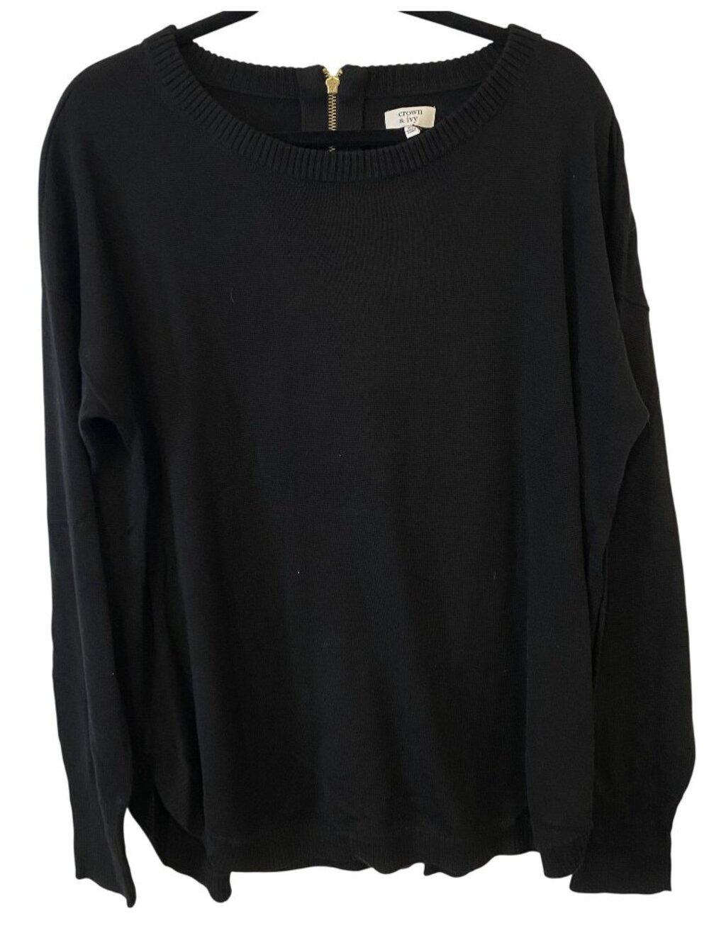 NWT Crown & Ivy Womens XL Black Knit Sweater Gold Back Zip Preppy Quiet Luxury